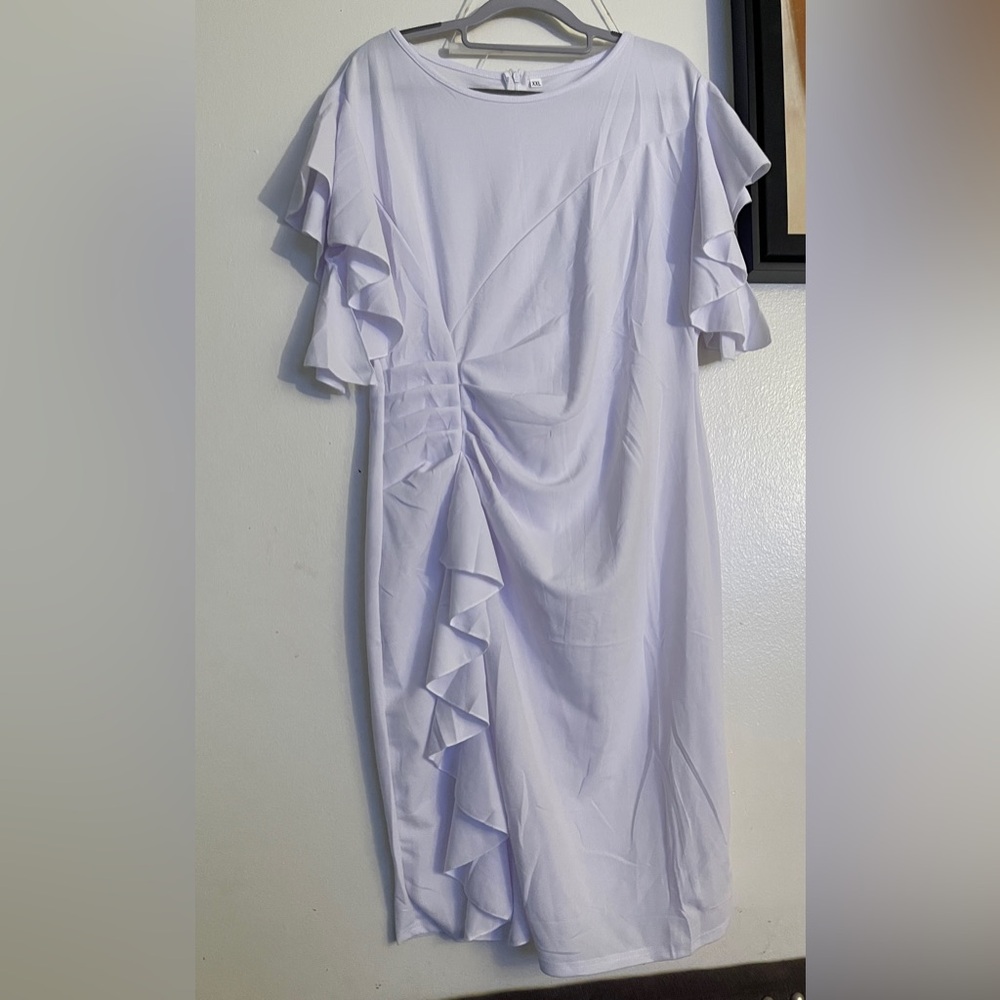 NWOT Womens Short Ruffle Sleeve Vintage Crew Neck Bodycon Work Pencil Midi Dress - Picture 2 of 4